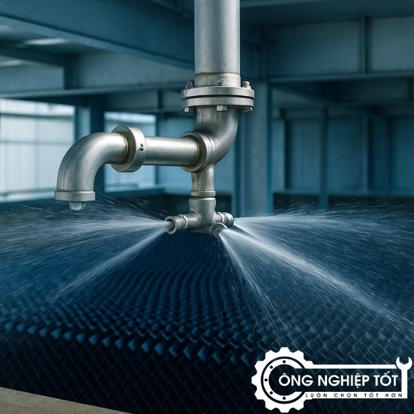 Tay phun nước inox 304 trong tháp giải nhiệt công nghiệp – phân phối nước đều 360 độ